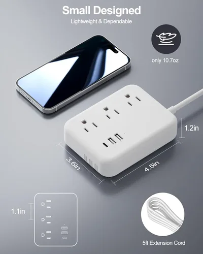 Vista 6 de Regleta de alimentación de viaje con 3 cables integrados, cable de extensión de enchufe plano con 3 tomas, 6 puertos USB, cable de extensión plano