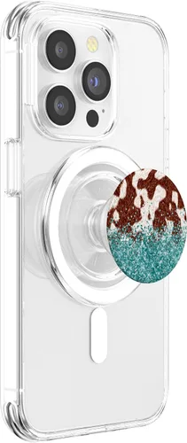 Vista 3 de PopSockets MagSafe PopGrip de cuero de vaca marrón con estampado de vaca para iPhone