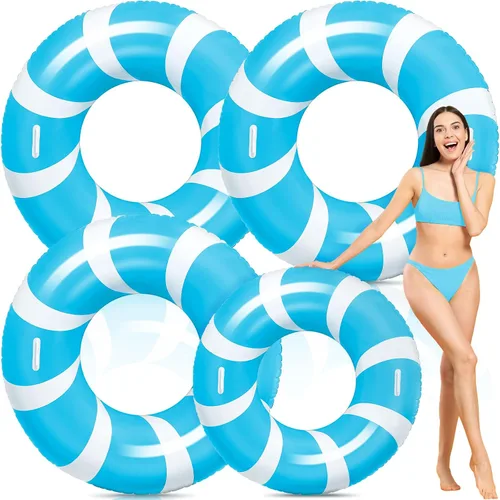 Vista 9 de WinnerWhy 1 anillo de natación azul jumbo con asas de 47.24 pulgadas, tubo inflable de flotador de piscina clásico a rayas para adultos, tumbonas
