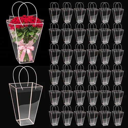 Vista 17 de Yexiya 12 bolsas florales grandes transparentes para ramo de flores a granel con asa transparente para regalo de boda, regalo de boda, regalo