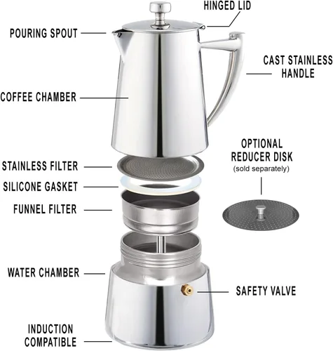Vista 2 de Cuisinox Roma - Olla de espresso Moka de acero inoxidable para estufa de 4 tazas