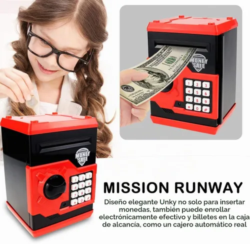 Vista 3 de Hucha para niños con contraseña electrónica, alcancía para niños de 3 a 14 años Negro y rojo