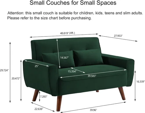 Vista 2 de Sofá de dos plazas con dos cojines, sofá de estilo moderno de mediados de siglo para sala de estar, tela de lino, 48" (verde)