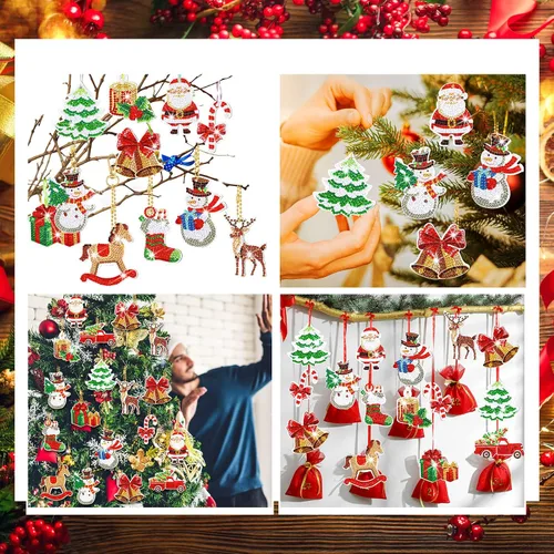 Vista 6 de Ferraycle 12 piezas de adornos de Navidad de arte de diamantes de Navidad, adornos de pintura de diamantes 5D, kits de llaveros de pintura colgante