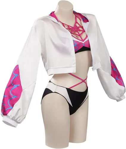 Vista 4 de Traje de baño de superhéroe para mujer, traje de baño de dos piezas, top corto con abrigo