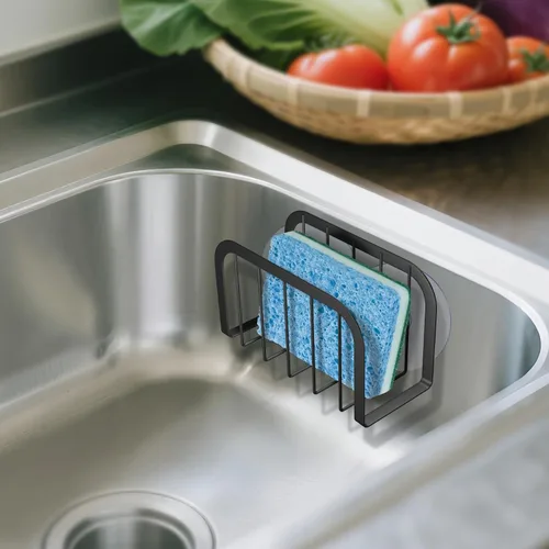 Vista 4 de SHFKS Portaesponjas para Fregadero de Cocina, Organizador de Cocina con Portaesponjas, Portajabón para Platos - Negro