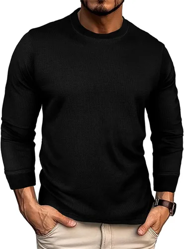 Vista 2 de Suéter de manga larga para hombre, tejido de punto gofre, casual, sólido, ligero, cuello redondo, para entrenamiento, atletismo, gimnasio