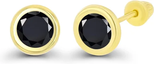 Vista 2 de Aretes de tuerca de oro macizo hipoalergénico de 14 quilates, solitario redondo de 5 mm con piedra de nacimiento en bisel