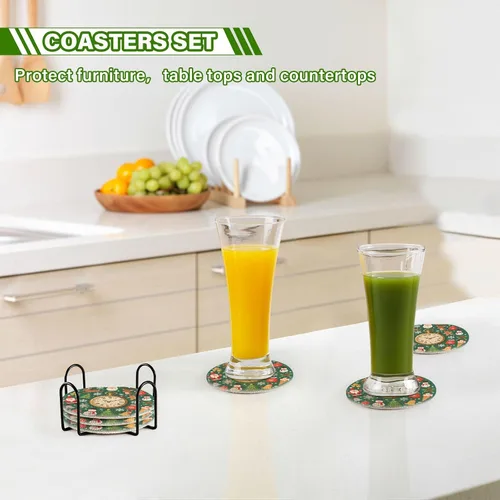 Vista 7 de Merry Christmas Vintage Pocket Watch Green Coasters Absorbant Set with Holder 6 Pack Drink Coasters for Home Posavasos para Mesa