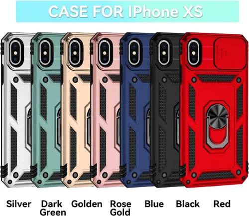 Vista 5 de Funda para iPhone X/XS con protección de lente, funda para iPhone X/XS con funda para cámara y soporte, grado militar, a prueba de golpes Oro