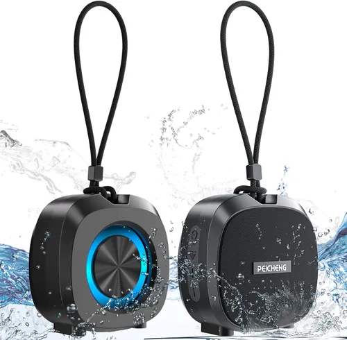 Vista 13 de PEICHENG Altavoz, pequeño altavoz portátil Bluetooth inalámbrico IPX5 impermeable para ducha, sonido estéreo fuerte, graves profundos, Azul
