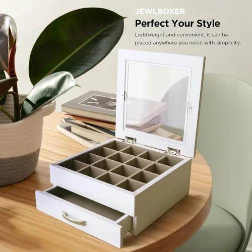 Vista 2 de JEWLBOXER Organizador de joyas Joyero de madera con parte superior de cristal para mujer, caja de regalo, pulseras, anillo, collar y organizador