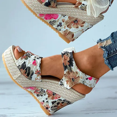 Vista 5 de AIHOU Sandalias para mujer, sandalias de plataforma con diseño de flor, pescado, boca de cuña, sandalias casuales con tiras al tobillo para verano