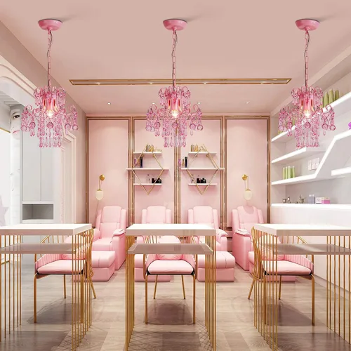 Vista 6 de Q&S Mini Lámpara de Araña de Cristal, Lámpara de Araña Rosa Moderna, Pequeña Lámpara Colgante para Habitación de Princesa, Vestidor, Baño, Tienda