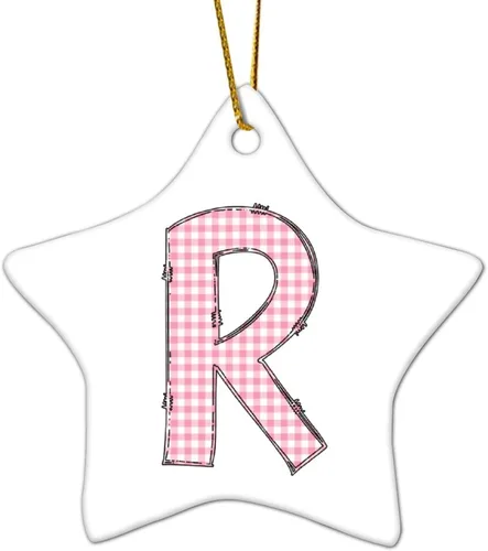 Vista 3 de Adorno de cerámica con monograma de letras del alfabeto de búfalo rosa con forma de estrella, recuerdo colgante para boda, invierno, Año Nuevo
