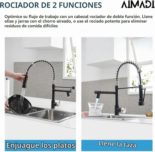 Vista 7 de AIMADI Grifo de cocina negro con rociador extraíble, acero inoxidable Negro y níquel