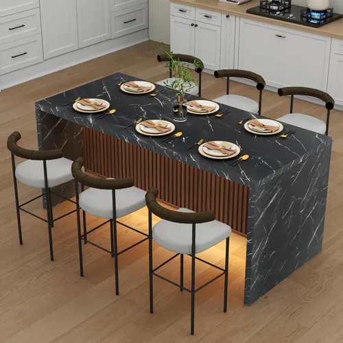 Vista 13 de Mesa de comedor grande de imitación de mármol de 63" para 4-6 personas (patente pendiente), mesa de isla con luces LED, mesa de comedor de cocina