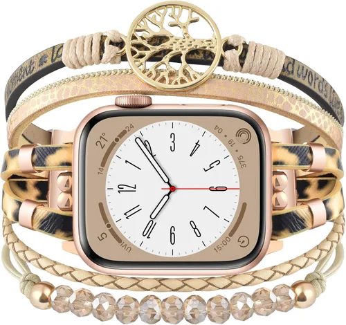Vista 9 de Pulsera con cuentas boho para Apple Watch Band de 46 mm, 40 mm, 38 mm, 41 mm, 44 mm, 42 mm, 45 mm, 49 mm para mujer, accesorios de cuero envolvente
