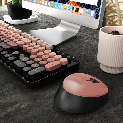Vista 8 de Combo de teclado y mouse inalámbricos Nowlike, teclado retro de máquina de escribir con teclas redondas, ergonómico de tamaño completo, rojo aurora