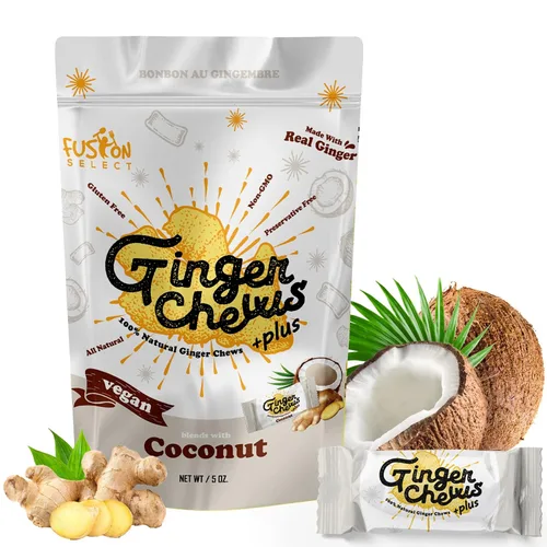 Vista 14 de Fusion Select Ginger Chews - Delicias dulces y confitadas suaves de Indonesia - Promueven el alivio de las náuseas matutinas, malestar estomacal