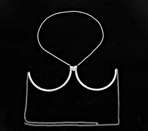 Vista 6 de Soporte de pecho con diamantes de imitación, cadena para el cuerpo, cadena para el cuerpo, cadena de corazón, bikini para mujer