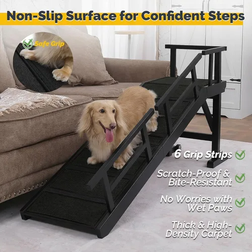 Vista 4 de Rampa para perros para cama o sofá, rampa de madera para mascotas con pendiente suave de 20°, rieles laterales extraíbles, superficie