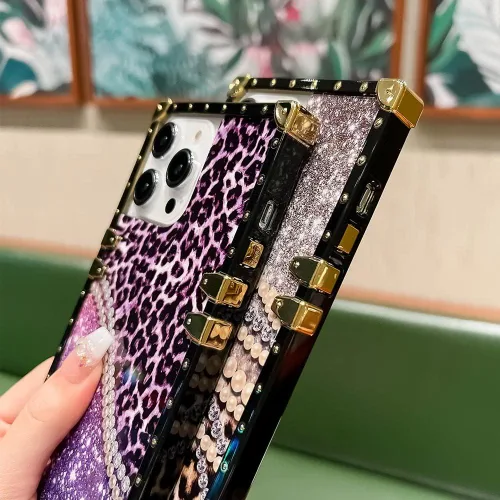 Vista 6 de Funda cuadrada de lujo compatible con iPhone 13 Pro Max de 6.7 pulgadas, funda de leopardo brillante, silicona suave y brillante a prueba de golpes