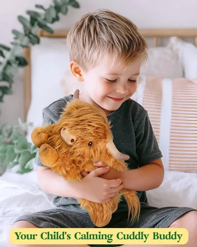 Vista 7 de Cuckool Highland Cow - Animales de peluche, adorable animal de peluche esponjoso de ganado de las tierras altas, lindo peluche suave de vaca