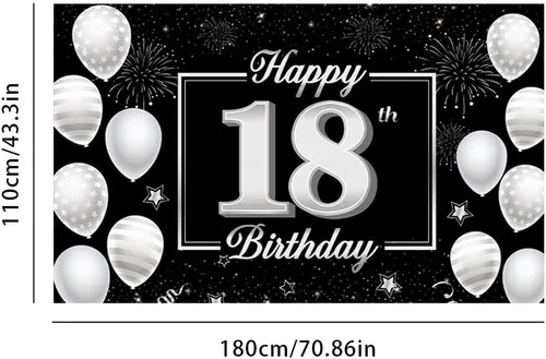 Vista 2 de Cartel de fondo de cumpleaños número 18, decoración de fiesta plateada y negra para niños y niñas, fondo de cabina de fotos