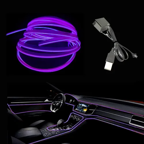 Vista 18 de Tira de luces LED de cable electroluminiscente azul para interior de automóvil, 6.5 pies de cable de neón con controlador USB de 5 voltios