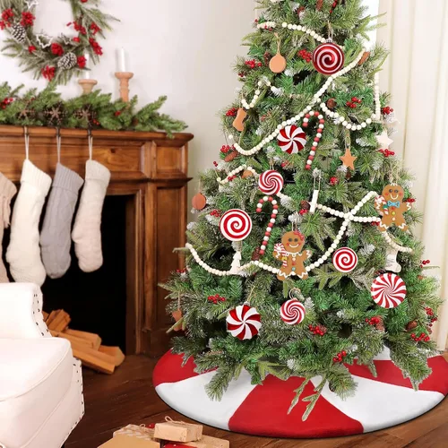 Vista 3 de yuboo Falda para árbol de Navidad y Halloween de menta roja y blanca, 36 pulgadas, falda de árbol de Navidad y Halloween de piruleta, adornos