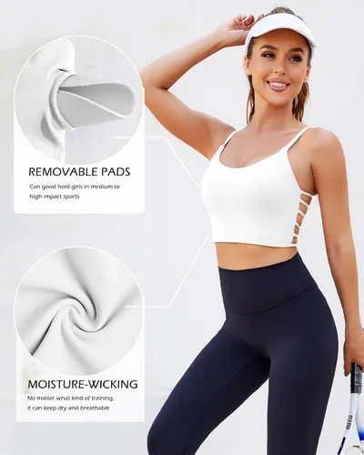 Vista 4 de Sujetador deportivo para mujer con sujetadores integrados, sexy línea larga, tirantes delgados, parte superior de yoga con espalda abierta, push up