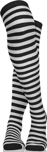 Vista 5 de Skeleteen Calcetines negros y blancos, por encima de la rodilla, a rayas, hasta el muslo, accesorios de disfraz, medias para hombres, mujeres