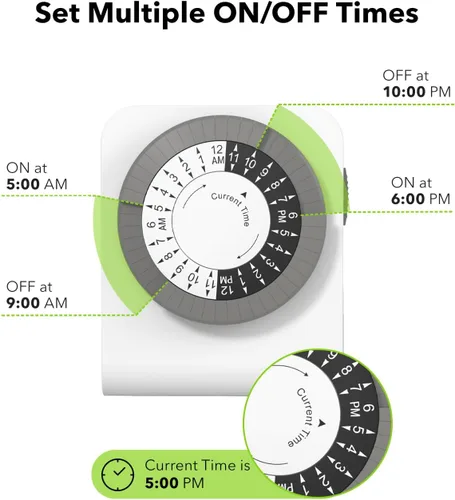 Vista 2 de BN-LINK Temporizador de salida con 2 enchufes con conexión a tierra, temporizador de luz mecánico para enchufe eléctrico interior, 24 horas, 3