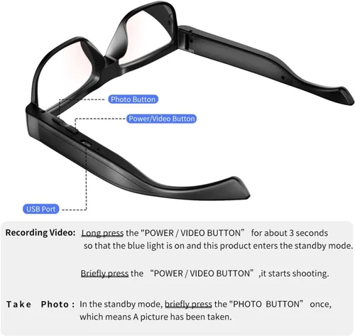 Vista 3 de Gafas de Cámara Gafas de Video Inteligentes con Cámara Gafas Deportivas Portátiles para los Ojos Grabación al Aire Libre Motociclismo Senderismo