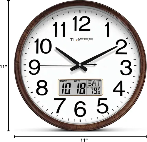 Vista 7 de Reloj de pared TIMESS, acabado clásico estilo madera, de 11 pulgadas, silencioso, sin tictac, funciona con pilas, de cuarzo, analógico