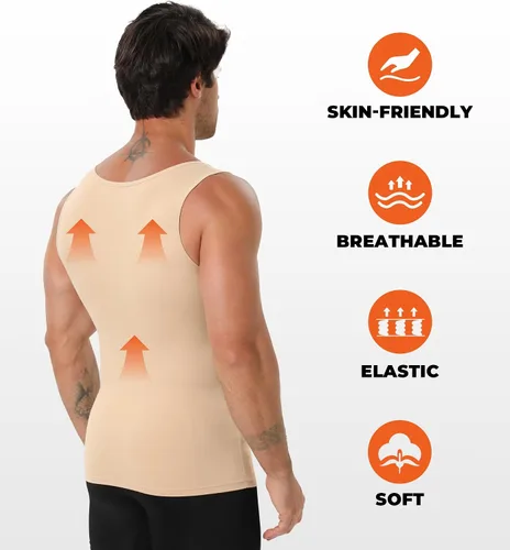 Vista 6 de Camiseta de compresión para hombre Body Shaper Slimming Tank Top Beige