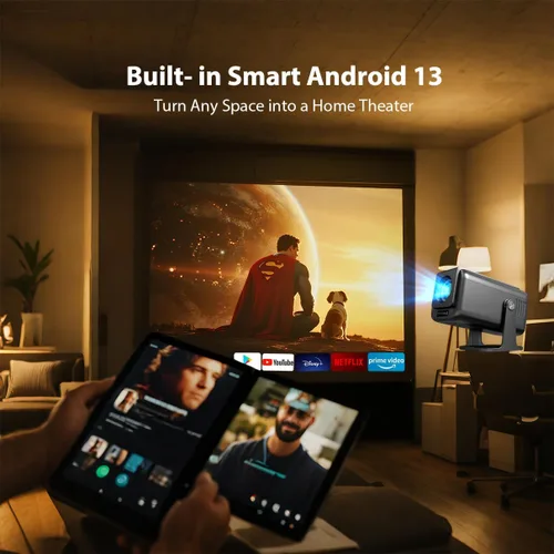 Vista 2 de Smart 2025: proyector portátil listo para 4K con Android 13 500 lúmenes ANSI WiFi 6 Luz azul baja