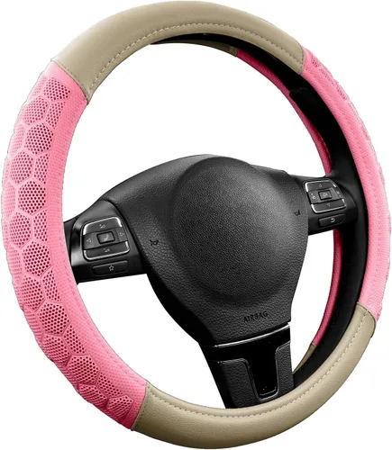 Vista 2 de Cubierta de Volante de Masaje PIC AUTO, Cubierta de Volante de Coche de Cuero Beige y Material de Patrón de Fútbol Rosa Combinado, Cubierta