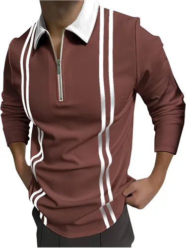Vista 2 de Camisa polo de manga larga para hombre, ajuste delgado, con cremallera de 14, vintage, a rayas, ligera, para golf, casual, para negocios, para hombre
