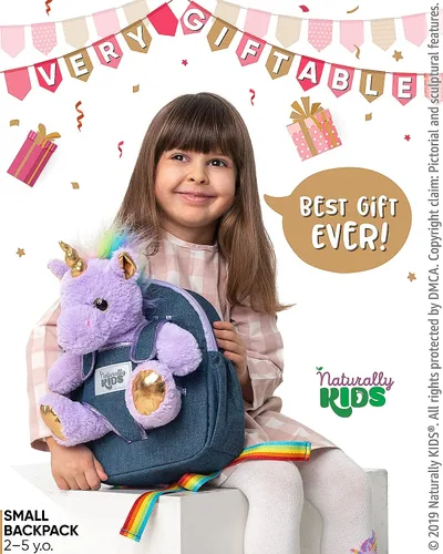 Vista 2 de Naturally KIDS Mochila para niños y niñas con animales de peluche, regalos para niños de 3, 4, 5, 6, 7 años, 01 Pequeño unicornio morado
