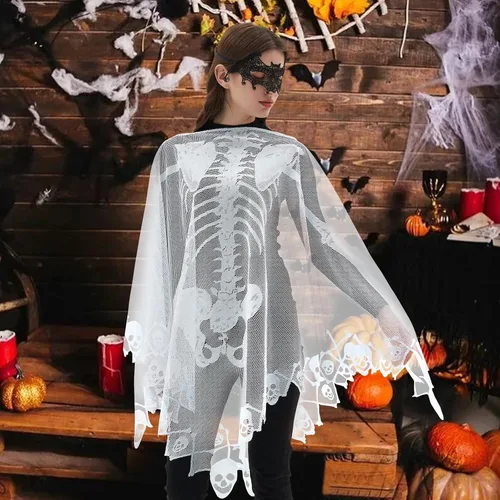 Vista 2 de Kinhowly Disfraz de Halloween para mujer, poncho de capa de esqueleto de Halloween para mujer, incluye máscara de Halloween