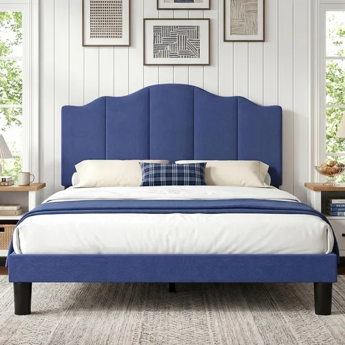 Vista 11 de VECELO Base de cama tamaño matrimonial, cabecera tapizada ajustable con botones, marco de cama resistente con soporte de listones de madera,