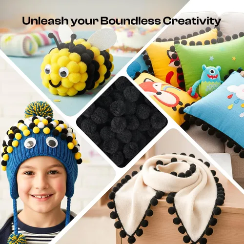 Vista 5 de Caydo 300 pompones negros con 100 ojos ondulados, bolas de pompones de 1 pulgada para niños, proyectos de arte y manualidades, actividades