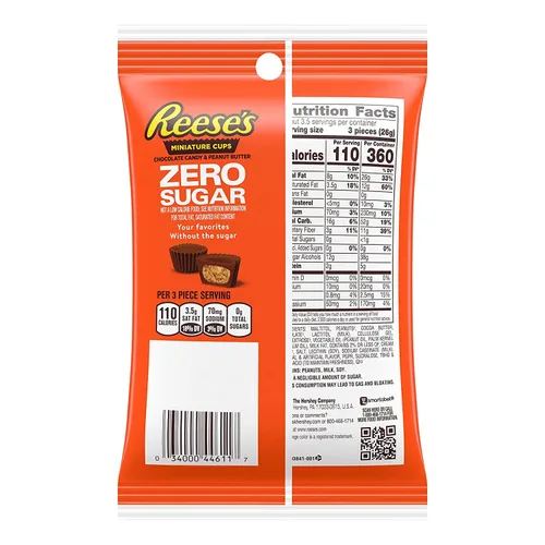 Vista 3 de Caramelos sin azúcar Hershey's - Paquete variado de chocolate sin azúcar - Chocolate con leche Reese's, York y Hershey Cero azúcar Bolsas de 3