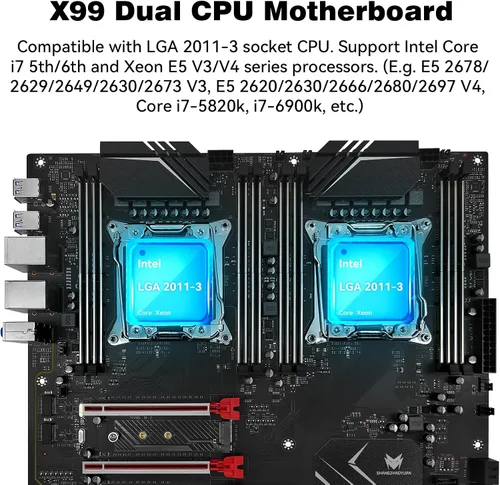 Vista 2 de X99 Placa base de doble CPU LGA 2011-3 Placa base de servidor para Intel i7 5ª/6ª generación Xeon E5 V3/V4 Series