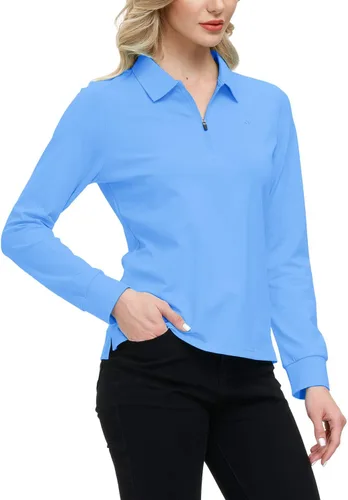 Vista 55 de JINSHI Polo de golf para mujer, de manga larga, con cremallera, deportiva, de secado rápido, atlética, casual, ajustada