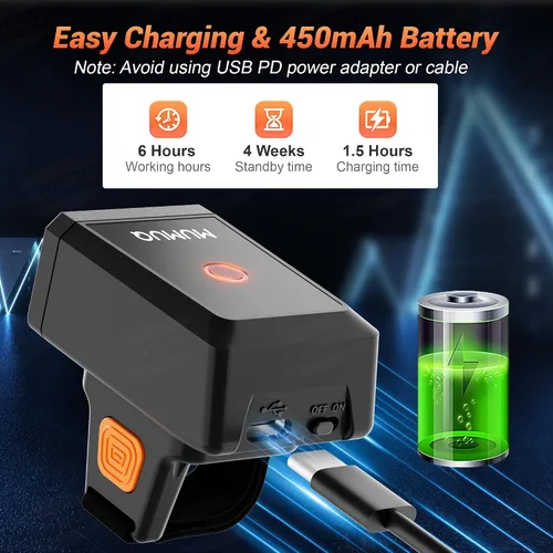 Vista 9 de Escáner de código de barras con anillo Bluetooth, escaneo rápido y de largo alcance, mini escáner inalámbrico portátil 1D y 2D Bluetooth de código