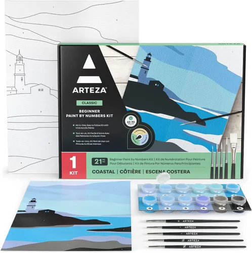 Vista 14 de Arteza Pintura por números para adultos, 12 x 16 pulgadas, 21 piezas, kit de pintura de barco por números, viene con 1 panel de lienzo, 12 macetas