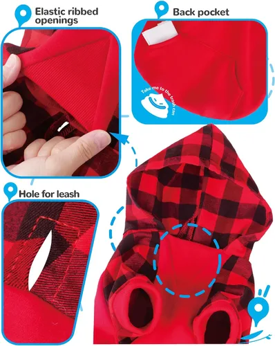 Vista 5 de Sudadera con capucha para perro pequeño, 100 % algodón, ropa de perro a cuadros de búfalo para perro, hembra, niño, bulldog francés, ropa